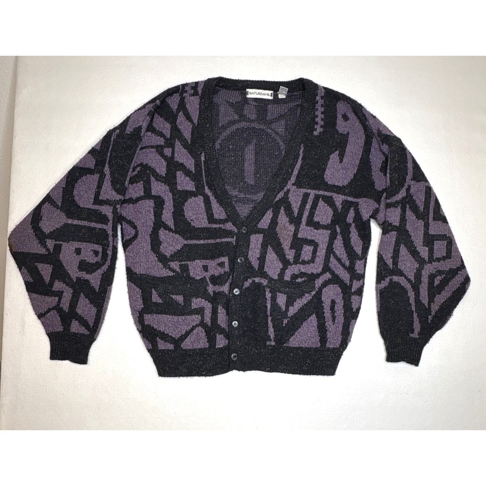 Saturdays Men Cardigan Abstract Geometric Wool Blend Large Purple Black